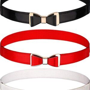 Women Skinny Faux Leather Waist Belt Set 3 Colors Stretchy Bow Dress Accessory